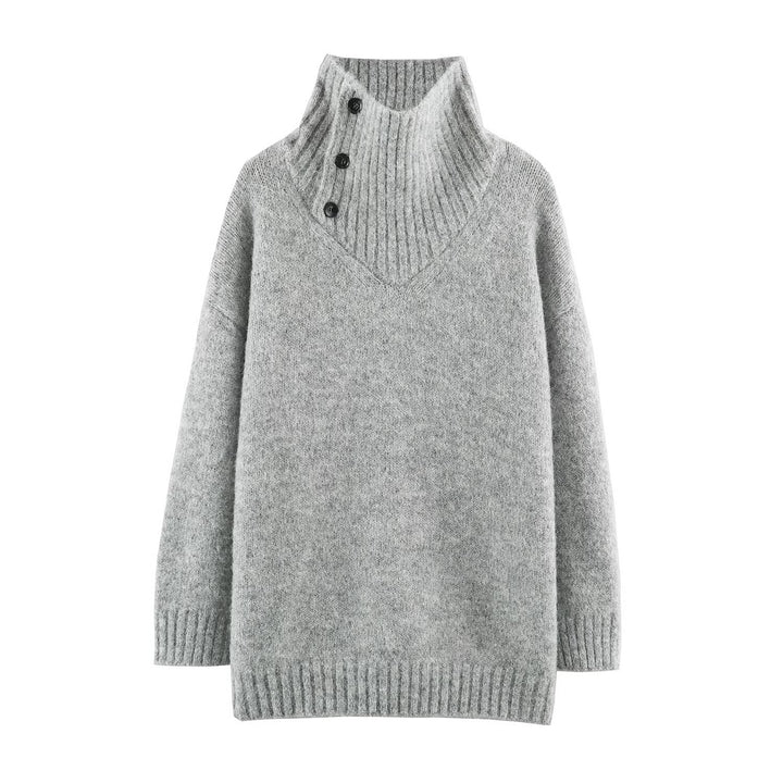 Women's Oversized Knit Sweater with High Ribbed Collar, Button Detail and V-Neck Mune Fashion