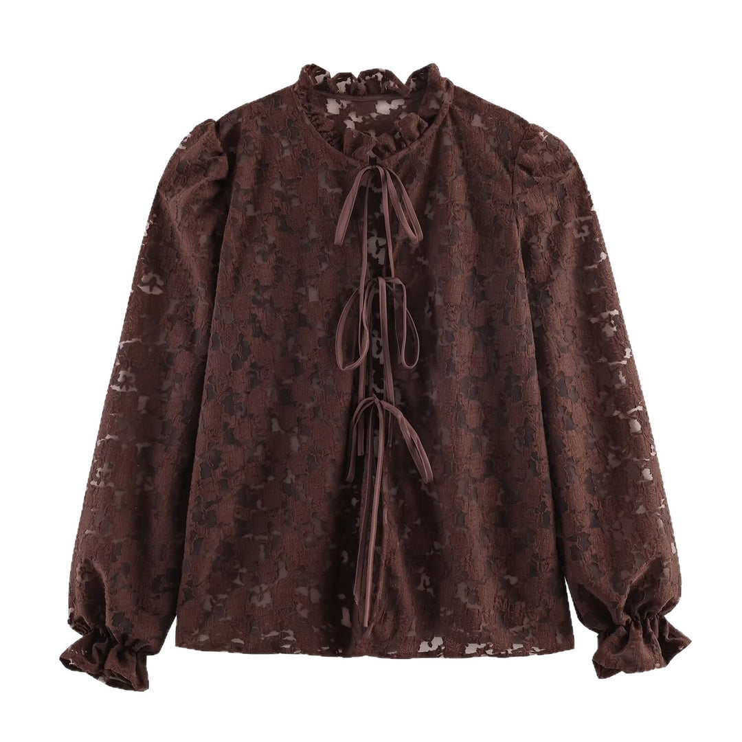 Ladies semi-transparent jacquard lace blouse with standing frill, cord ties and balloon sleeves Mune Fashion
