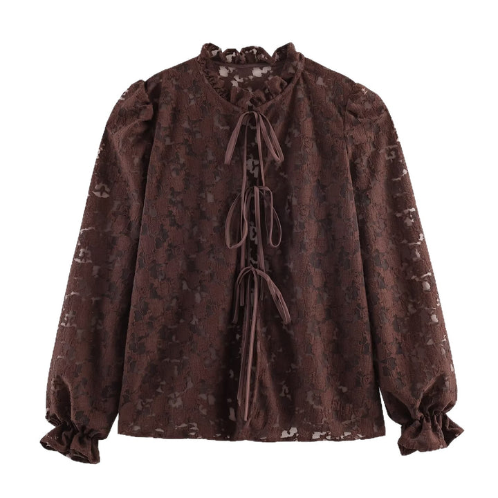 Ladies semi-transparent jacquard lace blouse with standing frill, cord ties and balloon sleeves Mune Fashion