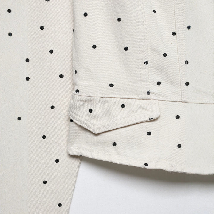Women's Polka Dot Cropped Denim Jacket with Stand-up Collar, Zipper and Flap Pockets Mune Fashion