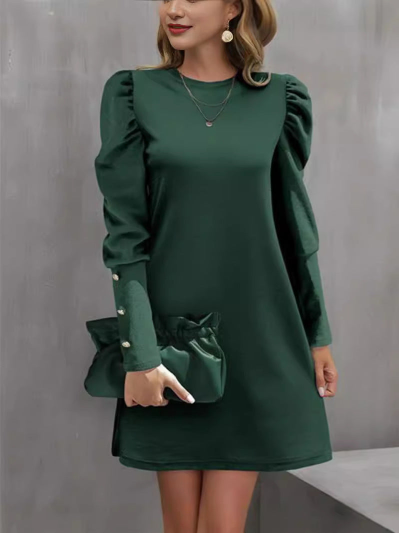 Women's pencil dress with gathered puff sleeves and pearl cuffs Mune Fashion