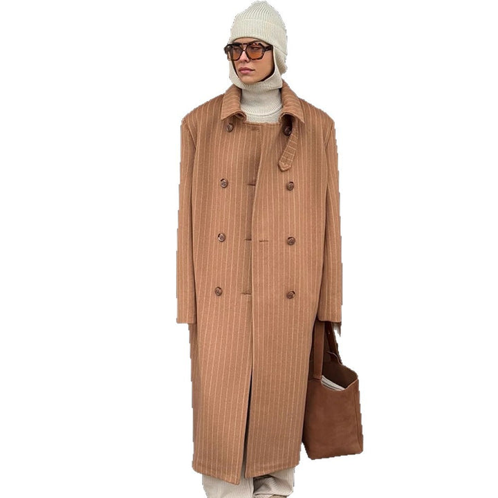 Women Double-Breasted Oversized Wool Blend Coat with Pinstripes and Loose Fit Mune Fashion