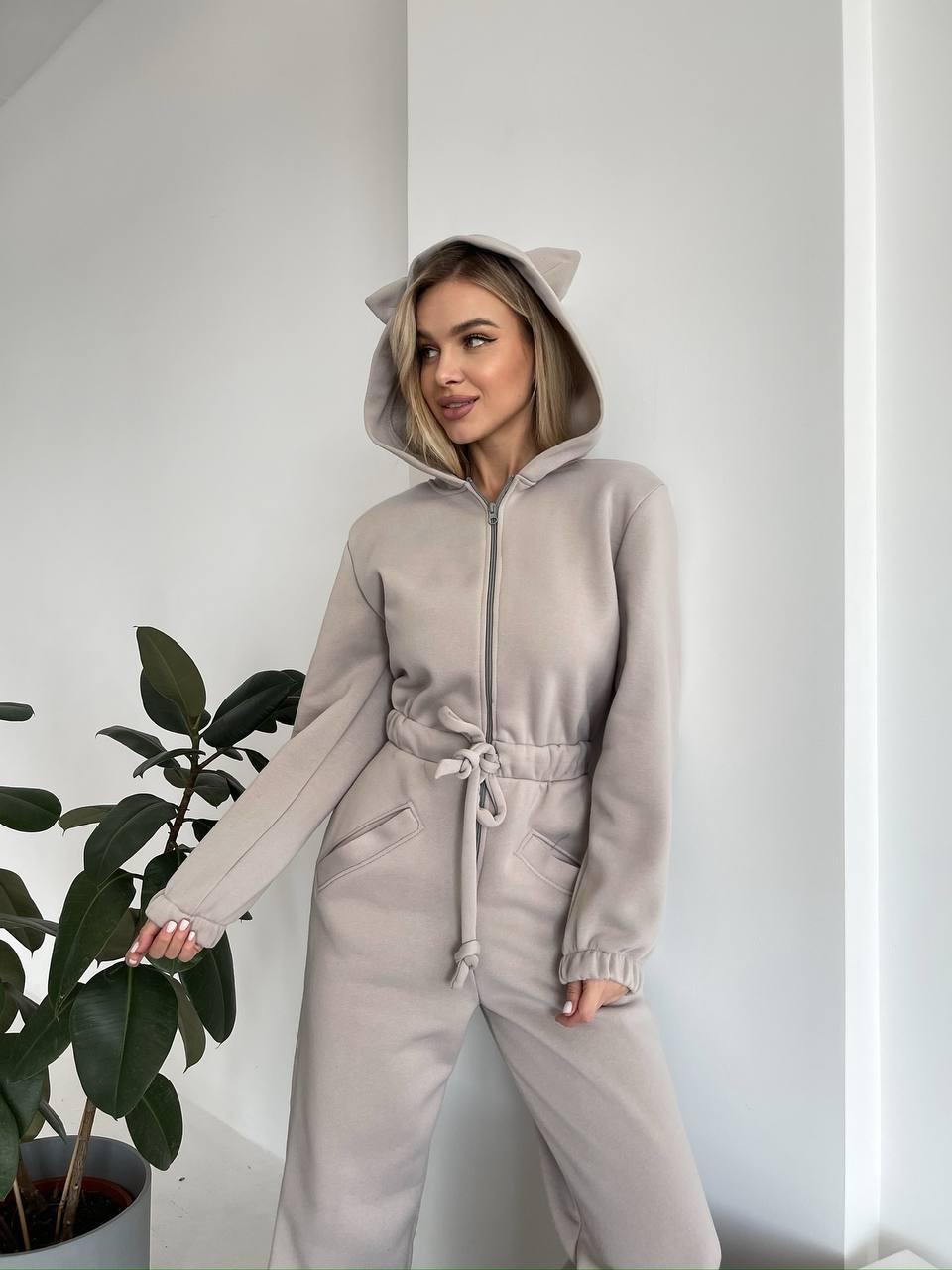 Women Cozy Hooded Overall with Cat Ears and Waist Drawstring Mune Fashion