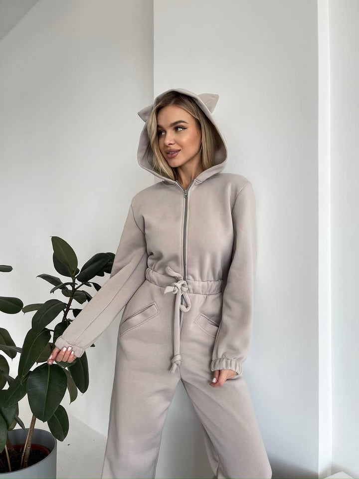 Women Cozy Hooded Overall with Cat Ears and Waist Drawstring Mune Fashion