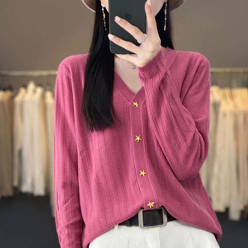 Women Lightweight V-Neck Cardigan with Textured Vertical Stripes and Star Buttons Mune Fashion