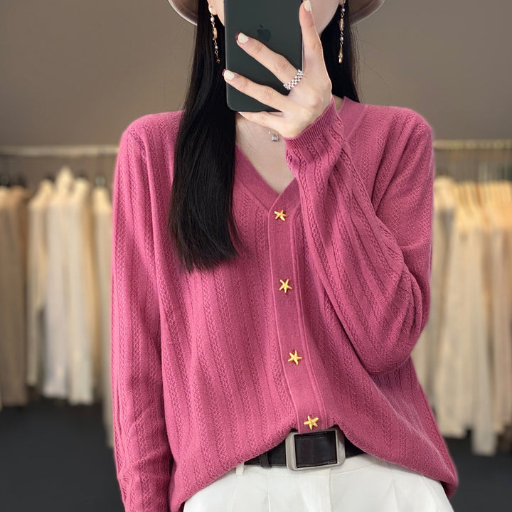 Women Lightweight V-Neck Cardigan with Textured Vertical Stripes and Star Buttons Mune Fashion