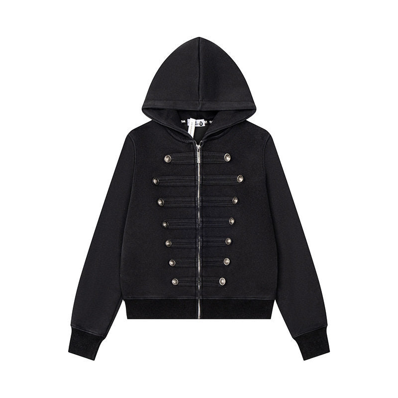 Women’s Hooded Sweat Jacket with Military Button Decoration and Full-Length Zipper Mune Fashion