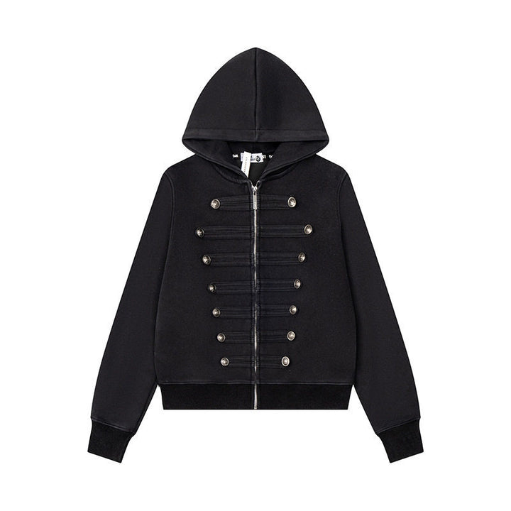 Women’s Hooded Sweat Jacket with Military Button Decoration and Full-Length Zipper Mune Fashion