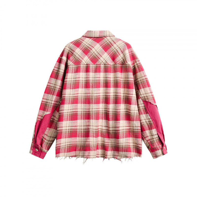 Unisex Oversize Shirt Jacket in Checked Vintage Look with Raw Hem and Contrast Patch Mune Fashion