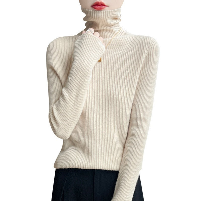 Women Slim Ribbed Knit Turtleneck Sweater with Ruffled Neck and Cashmere-like Feel Mune Fashion