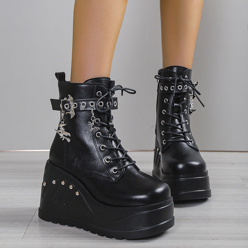 Women's Gothic Platform Ankle Boots with Lacing, Eyelet Straps, and Pendant Details Mune Fashion