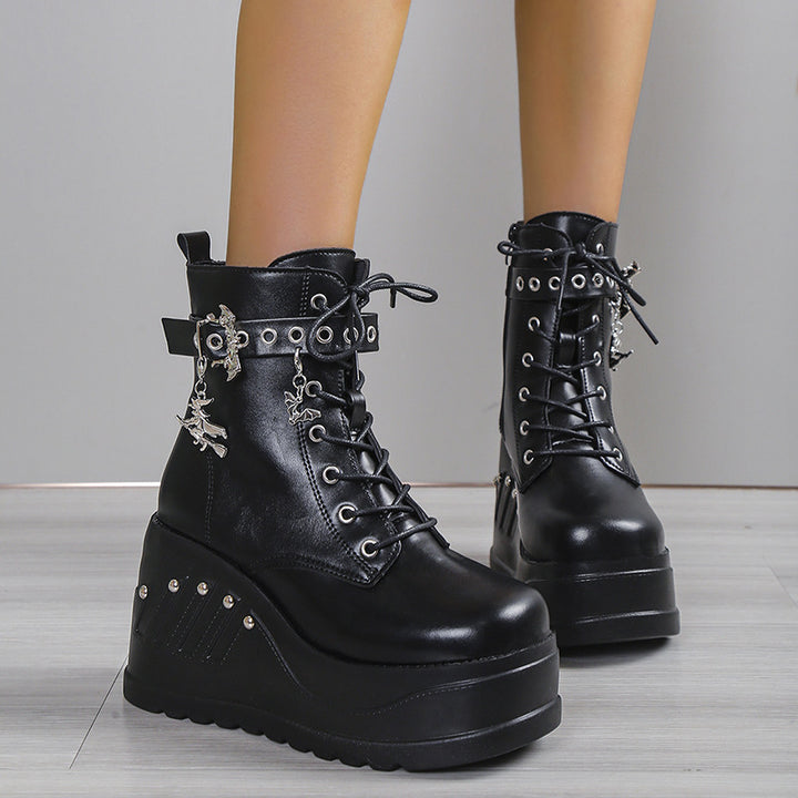 Women's Gothic Platform Ankle Boots with Lacing, Eyelet Straps, and Pendant Details Mune Fashion