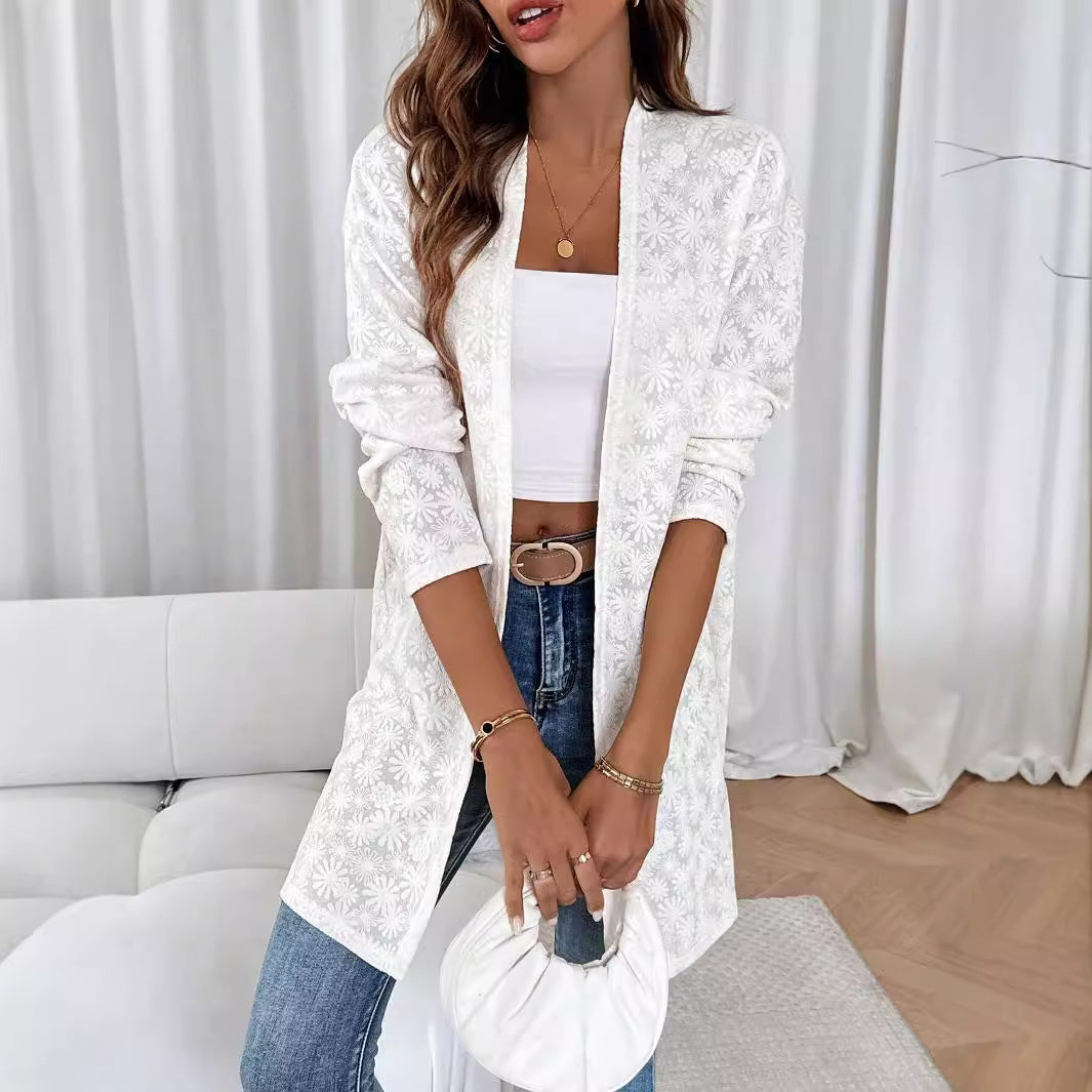 Women's fine embroidered long cardigan made of semi-transparent lace with floral textured relief Mune Fashion