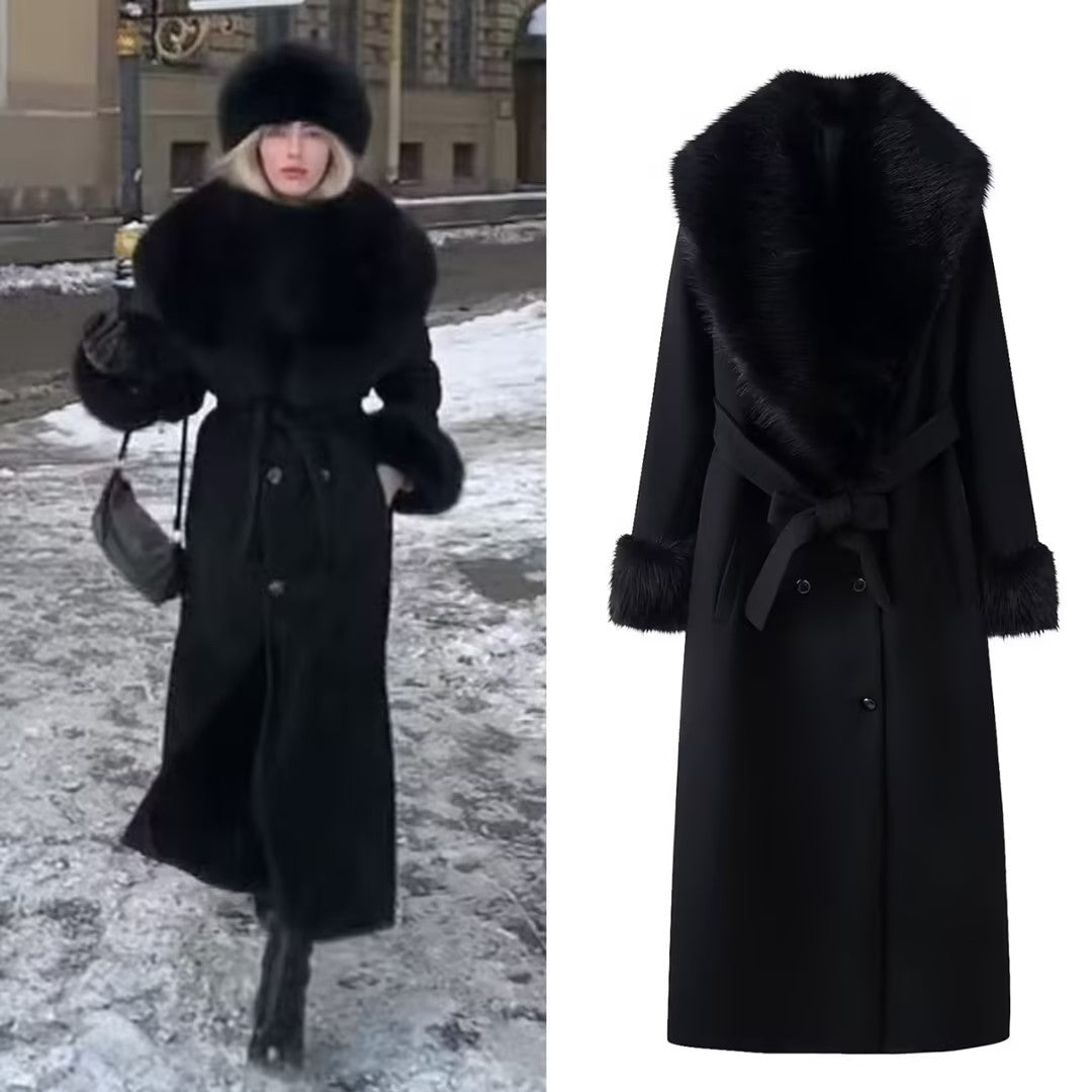 Women Longer Elegant Wool Blend Coat with Wide Faux Fur Collar, Belt and Fur Cuffs Mune Fashion
