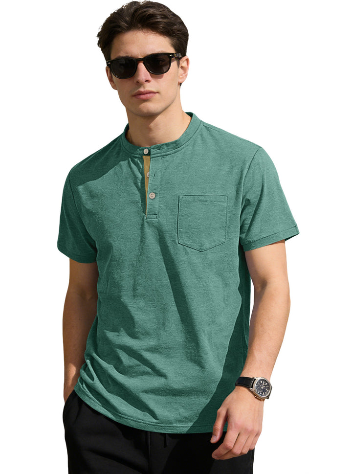 Men's structured cotton henley shirt with short stand-up collar button placket and chest pocket Mune Fashion