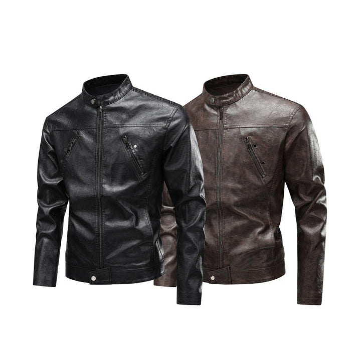 Men's Faux Leather Biker Jacket with Stand-Up Collar, Slim Fit & Diagonal Zipper Pockets Mune Fashion