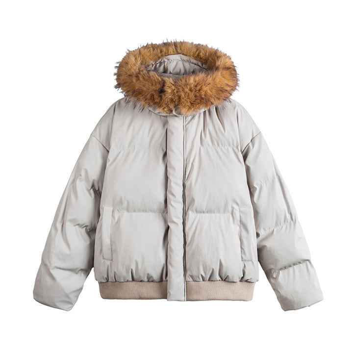 Women's short cropped quilted jacket with faux fur hood and elastic hem Mune Fashion