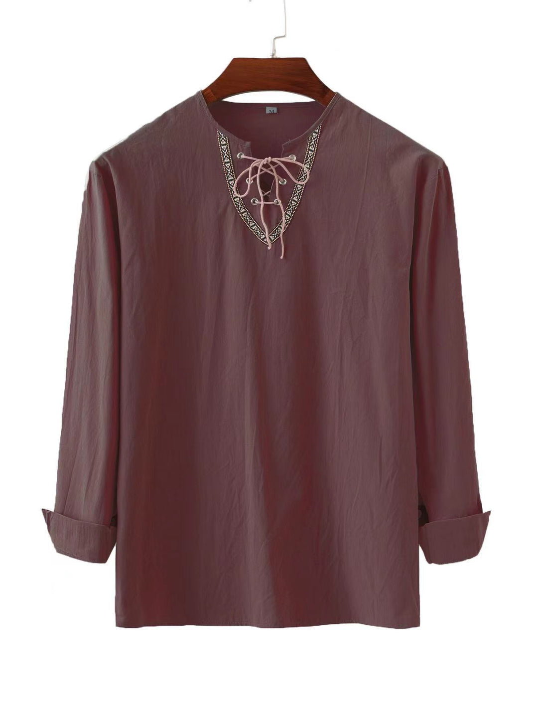 Men's linen tunic shirt with lacing and ethnic border Mune Fashion