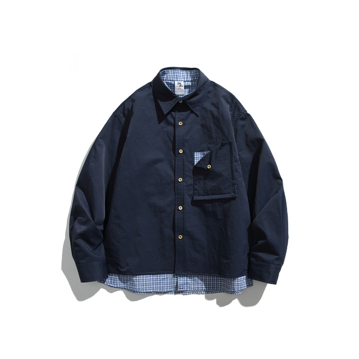 Men's Boxy Overshirt in Layer Look with checked inner lining, breast pocket and wooden buttons Mune Fashion