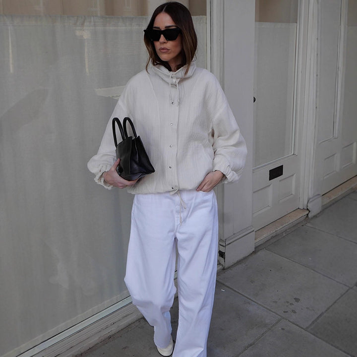 Women's Lightweight Hooded Blouson Jacket made of Cotton Muslin with Drawstring Mune Fashion