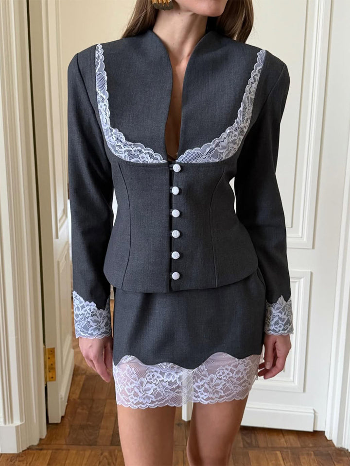 Women Tailored Blazer and Mini Skirt Set with Lace Trim Mune Fashion