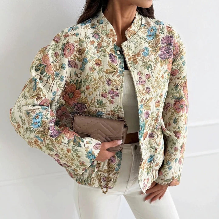 Women's Floral Jacquard Quilted Jacket with Standing Collar and Elastic Hem Drune