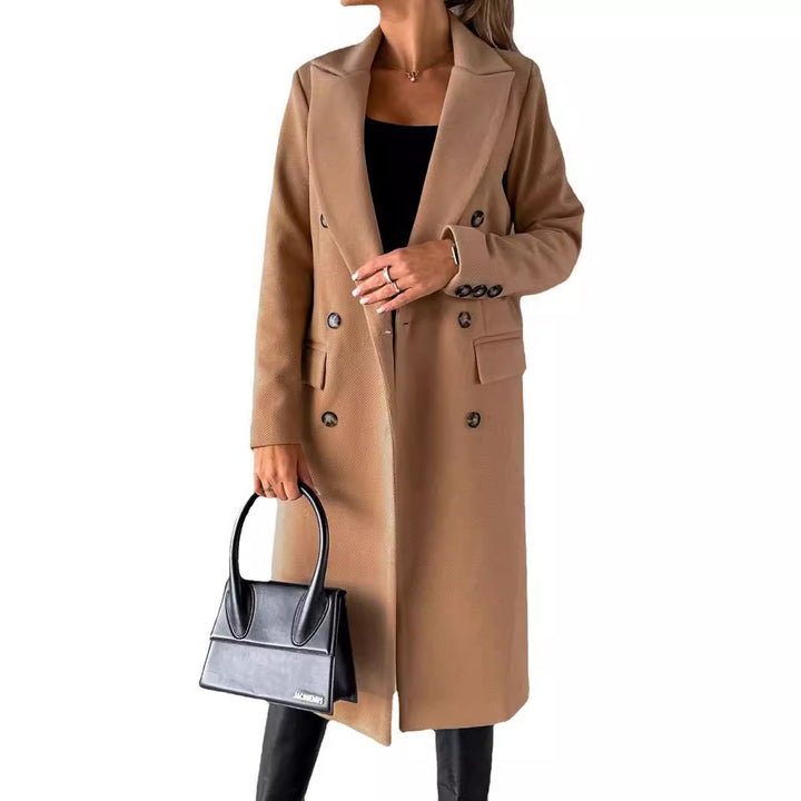Women Double-Breasted Wool Coat in Longline Cut with Lapel Collar and Flap Pockets Mune Fashion