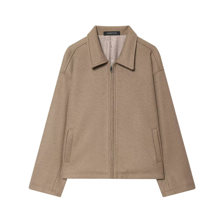 Women Boxy Wool Blend Blouson Jacket with Zipper and Shirt Collar Mune Fashion