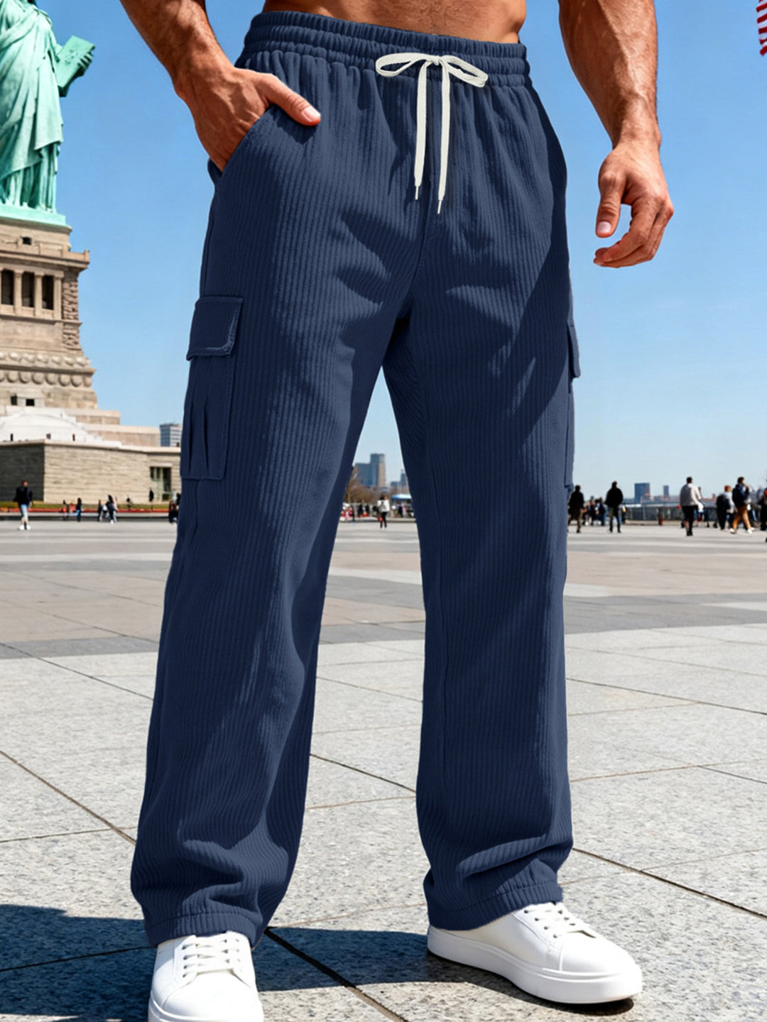 Men Ribbed Cargo Sweatpants with Drawstring and Elastic Waistband Mune Fashion