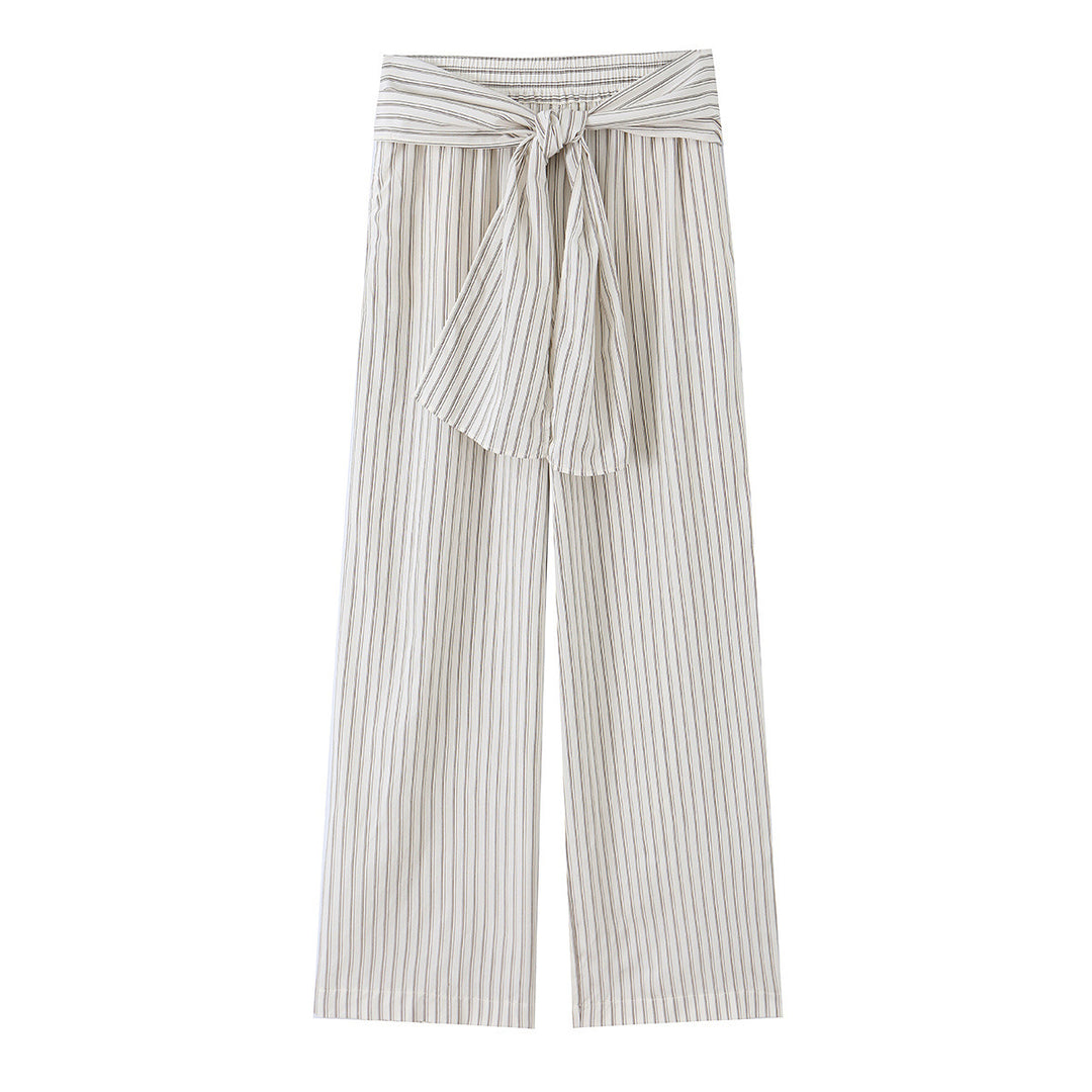 Women Wide Highwaist Trousers with Vertical Stripes and Tied Belt Mune Fashion