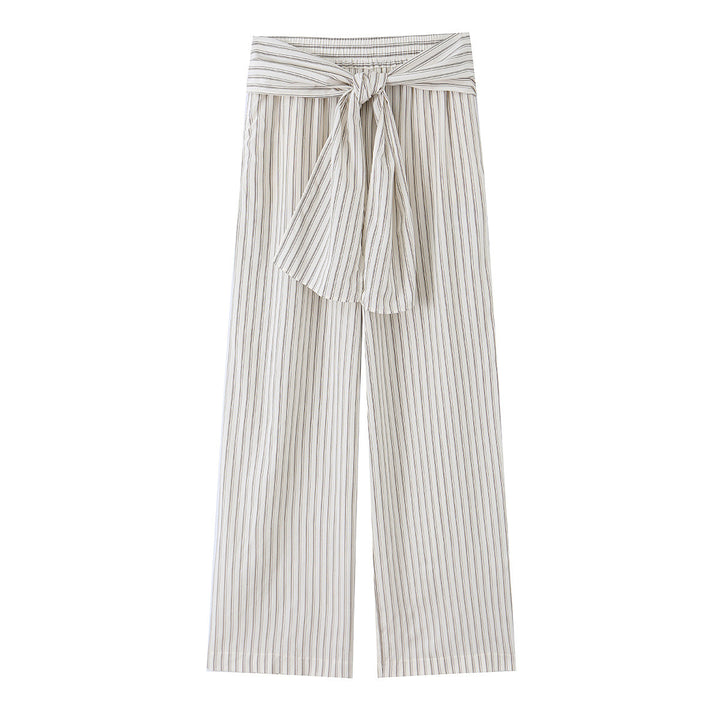 Women Wide Highwaist Trousers with Vertical Stripes and Tied Belt Mune Fashion