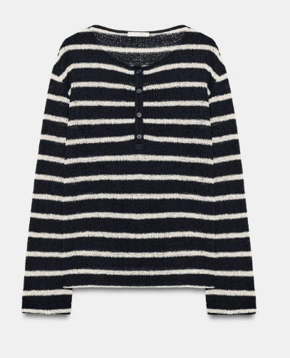 Women Striped Fine Knit Sweater with Back Buttons and Boat Neck Mune Fashion