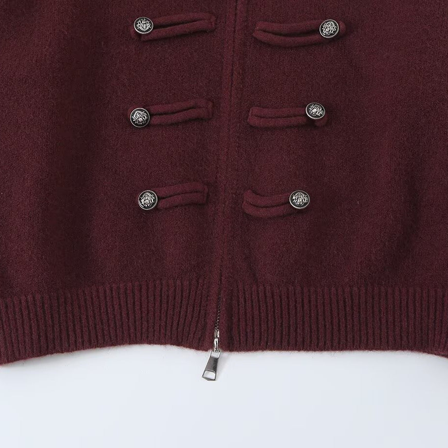 Ladies cardigan with stand-up collar, zipper and decorative knot trims Mune Fashion