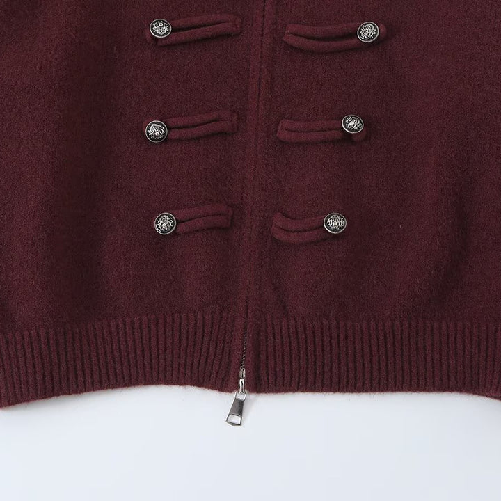 Ladies cardigan with stand-up collar, zipper and decorative knot trims Mune Fashion