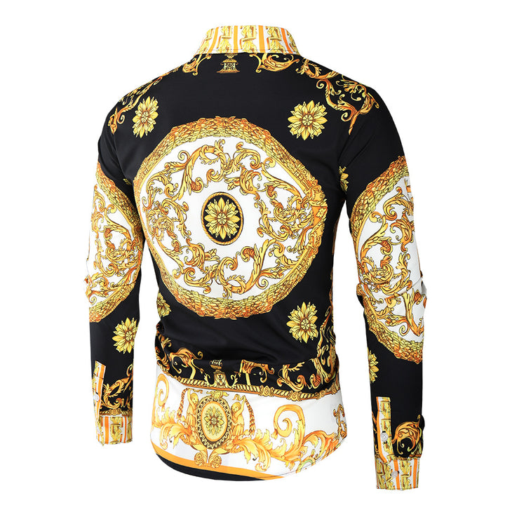 Men's Baroque Long-Sleeve Shirt with Ornamental Print, Kent Collar and Tailored Fit Mune Fashion