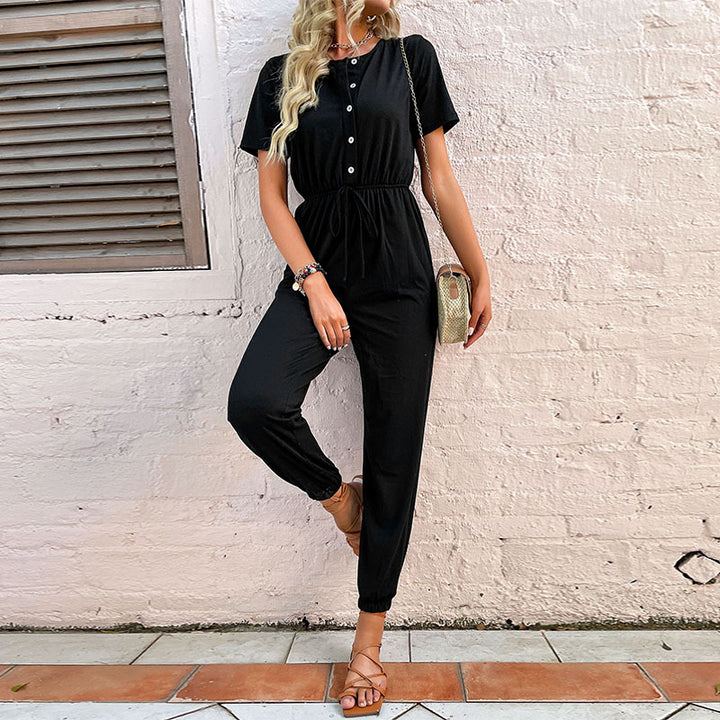 Women's Relaxed Short Sleeve Jumpsuit with Button Placket, Drawstring Waist and Elastic Ankle Cuffs Mune Fashion