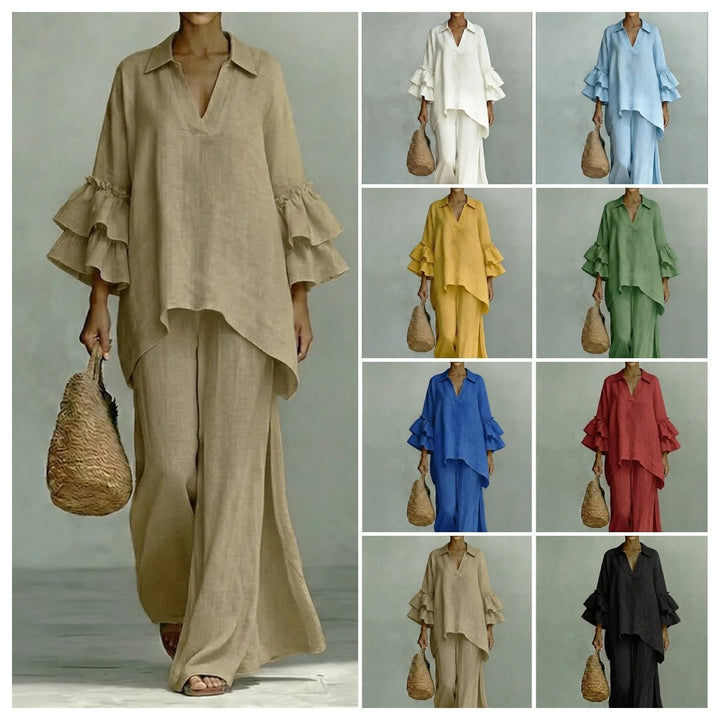 Ladies Linen Loungewear Set with Ruffle Sleeves and Wide Palazzo Pants Mune Fashion