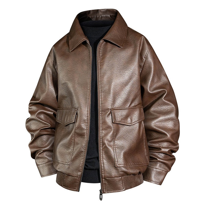 Men's Casual Faux Leather Jacket with Collar and Pockets Mune Fashion