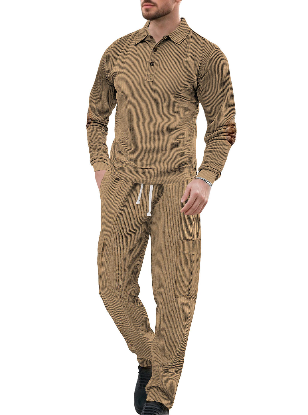 Men's nano ribbed lounge set with polo collar elbow patches and cargo pants Mune Fashion