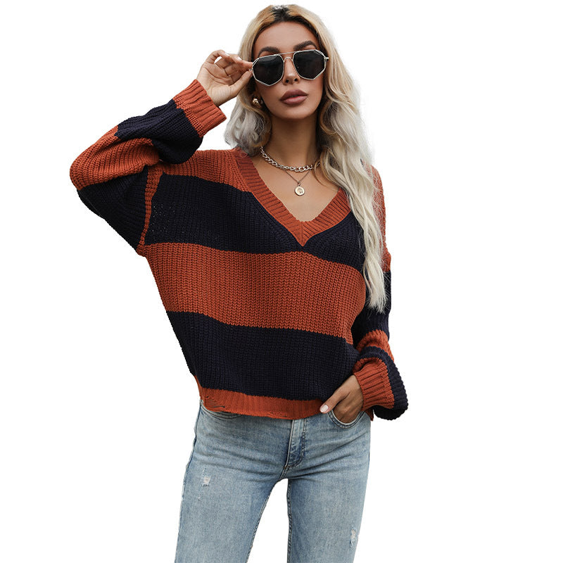 Women's Oversize Chunky Knit Sweater with Off-Shoulder Fall, Wide Block Stripes and Ribbed Hem Mune Fashion