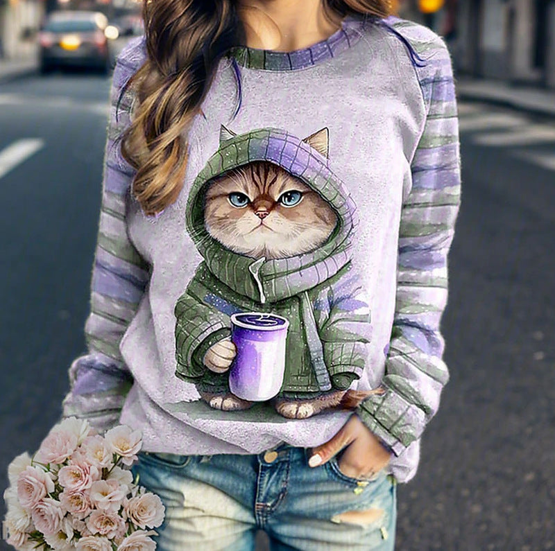 Women's casual sweatshirt with large kitten front print and striped raglan sleeves Mune Fashion