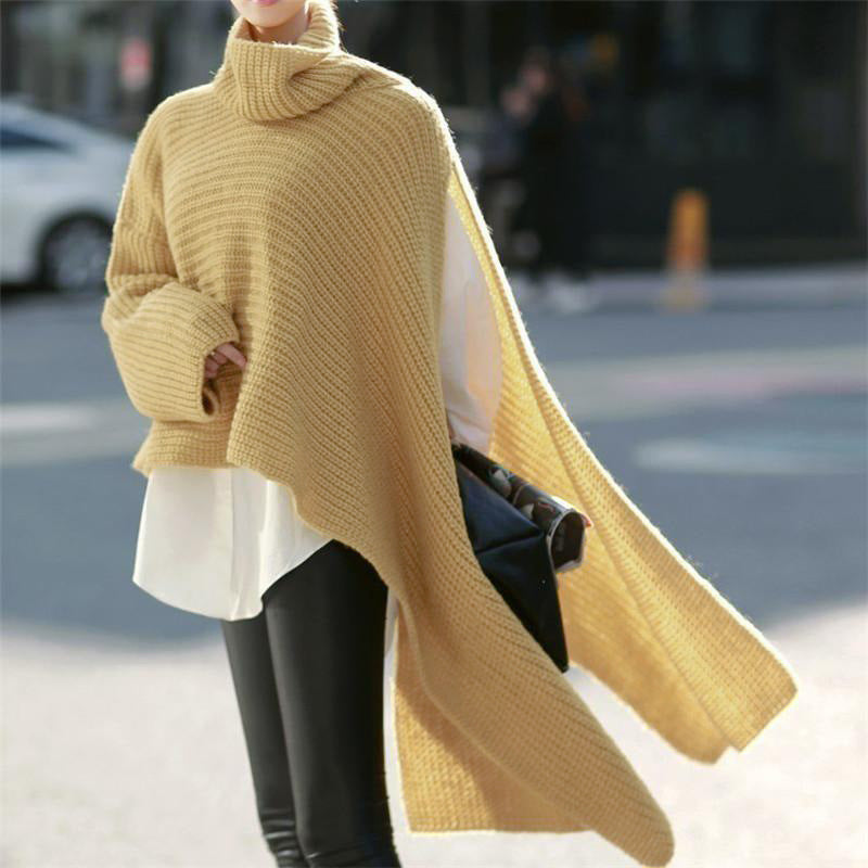 Women Asymmetrical Roll Neck Poncho with Side Cape Detail Mune Fashion