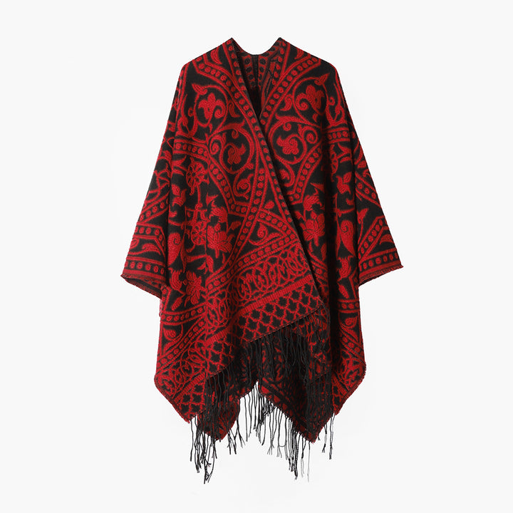 Women's coarse-woven rectangular poncho with oriental medallion jacquard and decorative fringed hem Mune Fashion