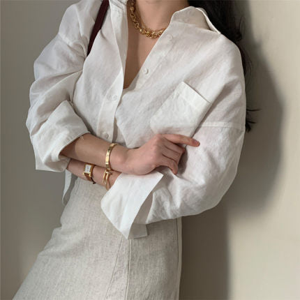Women's linen blend shirt in relaxed boxy cut with Kent collar and chest pocket Mune Fashion