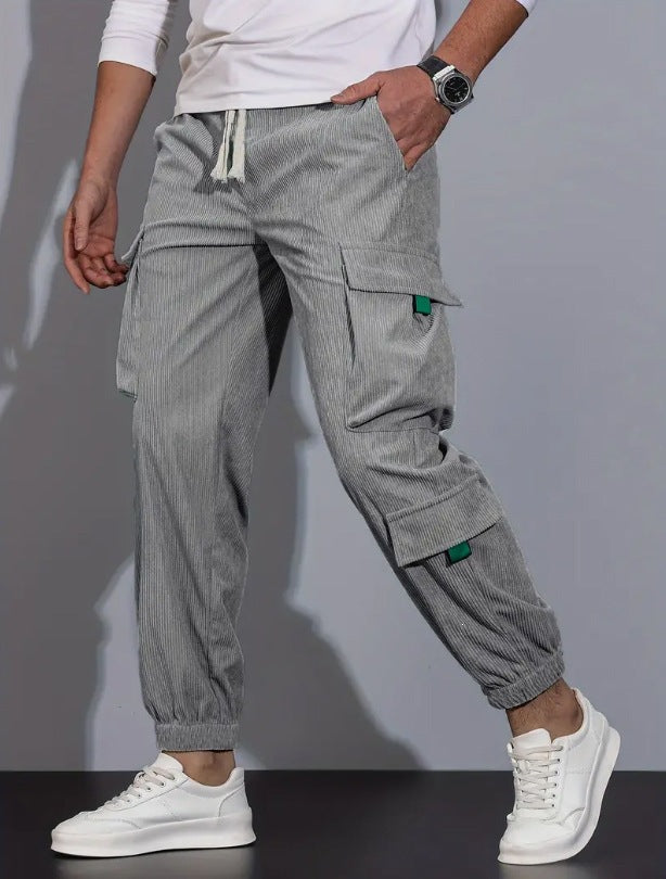 Men's Cord Cargo Jogging Pants with Elastic Waistband, Drawstring & Multiple Pockets Mune Fashion