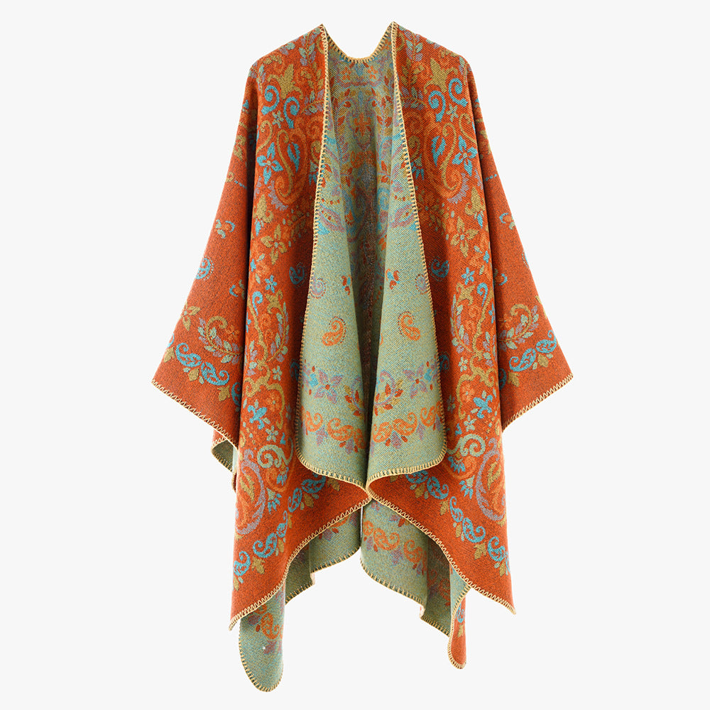 Women's Reversible Jacquard Cape Wrap with Ornamental Structure Mune Fashion