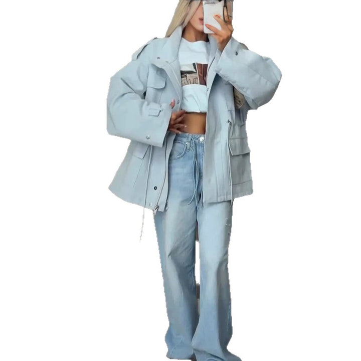 Women's Oversized Utility Jacket with Drawstring Waist, High Stand Collar, and Flap Pockets