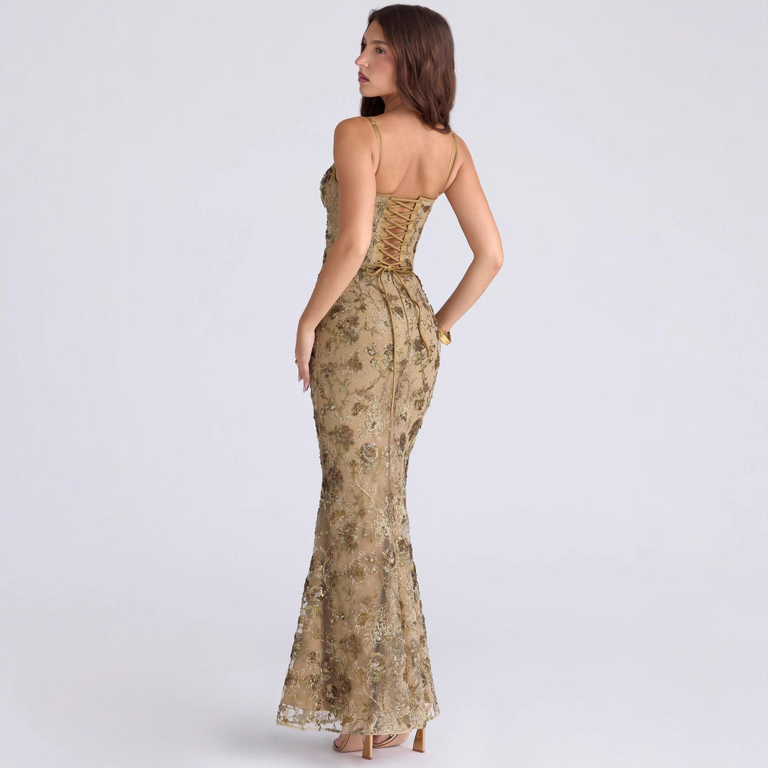 Ladies elegant embroidered evening dress with corset top and transparent lace overlay Mune Fashion
