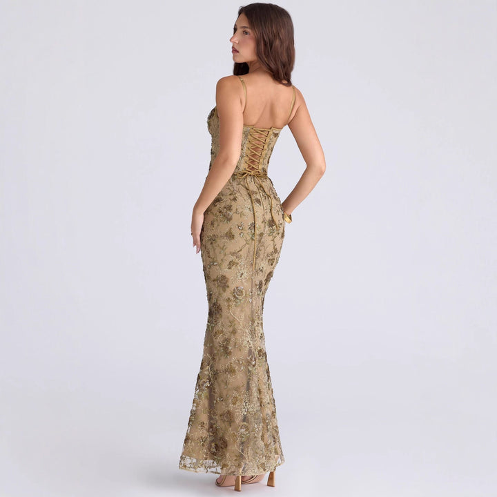 Ladies embroidered corset evening dress with transparent lace and figure-hugging silhouette Mune Fashion