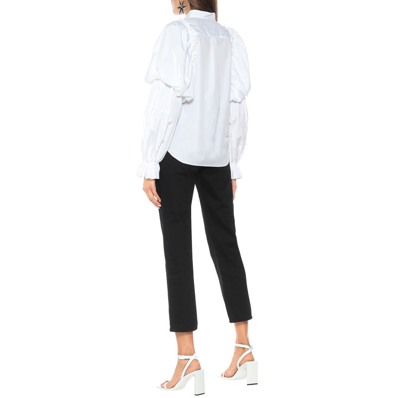 Women Puff Sleeve Blouse with Stand Collar and Ruffle Cuffs Mune Fashion